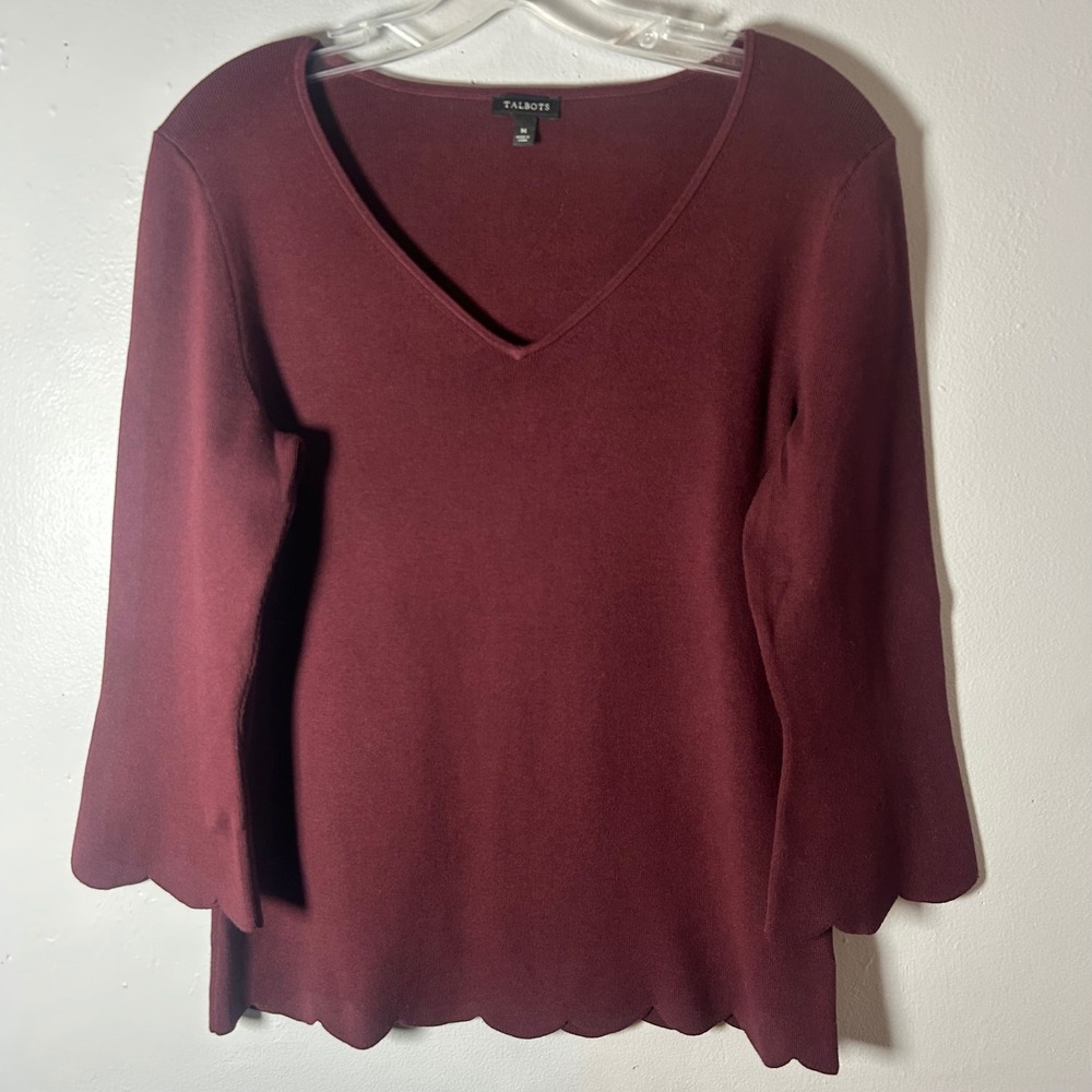 Talbots Burgundy V Neck‎ Bell Sleeve Scalloped Hem Sweater Medium
